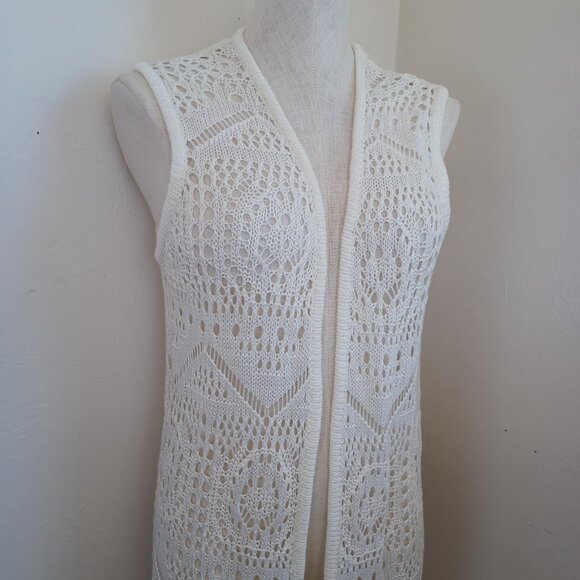 Chelsea & Theodore Crochet Knit Cardigan White Open Front Duster Womens Large - Picture 6 of 12